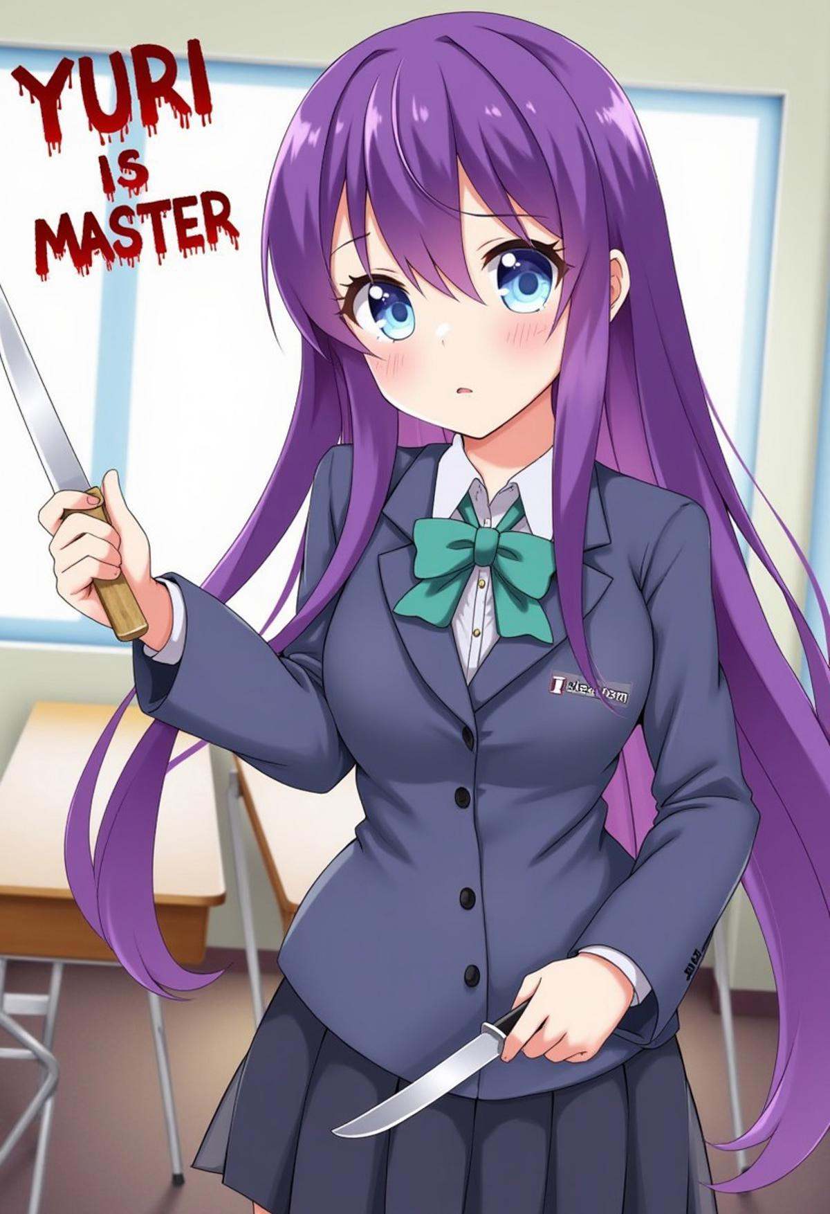 An anime image of a girl named YURI who cames from DOKI DOKI LITERATURE CLUB with long purple hair and blue eyes. The girl is holding a knife in her right hand. YURI is wearing SCHOOL UNIFROM. The background is classroom. To the left of the girl is a blood text that reads "Yuri is Master"