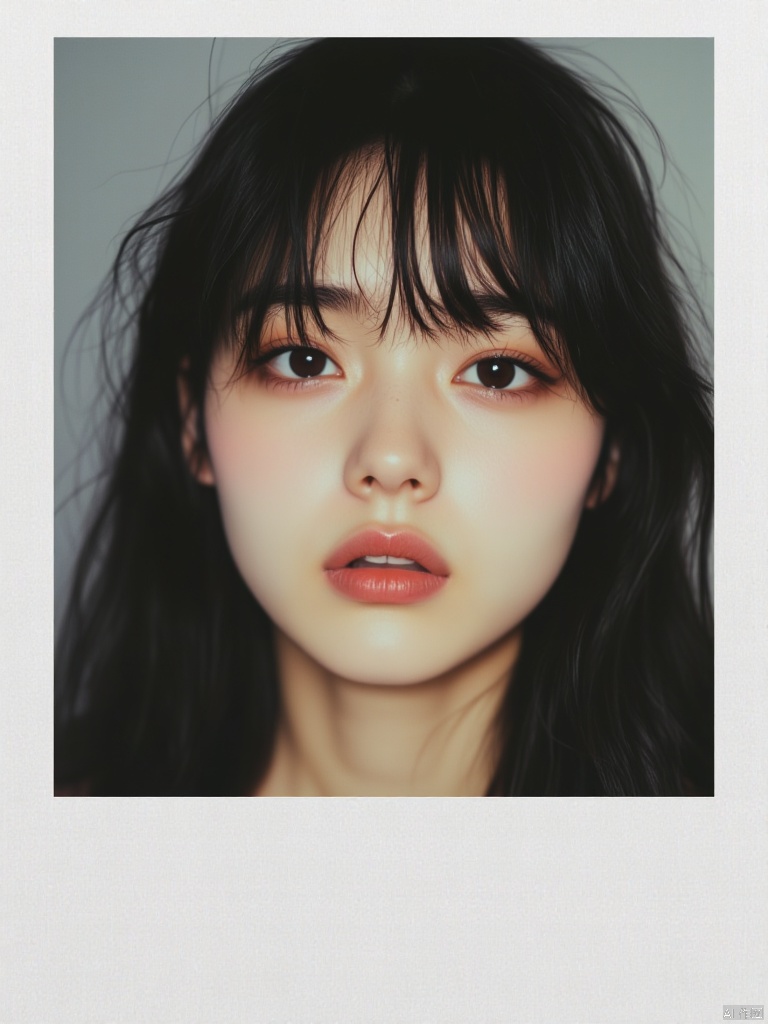 OBbllai, Polaroid photo, A close-up of a medium-sized Asian woman with dark brown eyes and dark brown hair with bangs. Her bangs are pulled back, adding a touch of texture to her face. Her lips are a vibrant shade of pink, her eyes are a darker shade of brown.