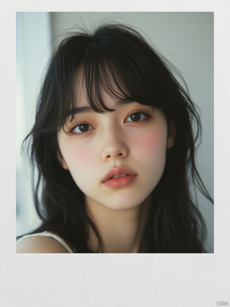 OBbllai, Polaroid photo, A close-up portrait of a young Asian girl with dark brown hair and dark brown eyes. Her eyes are a piercing blue and her eyebrows are a darker shade of brown. Her lips are a lighter shade of pink. Her hair is long and cascades over her shoulders. The backdrop is a stark white wall that is slightly blurred, creating a stark contrast to the girl's face.