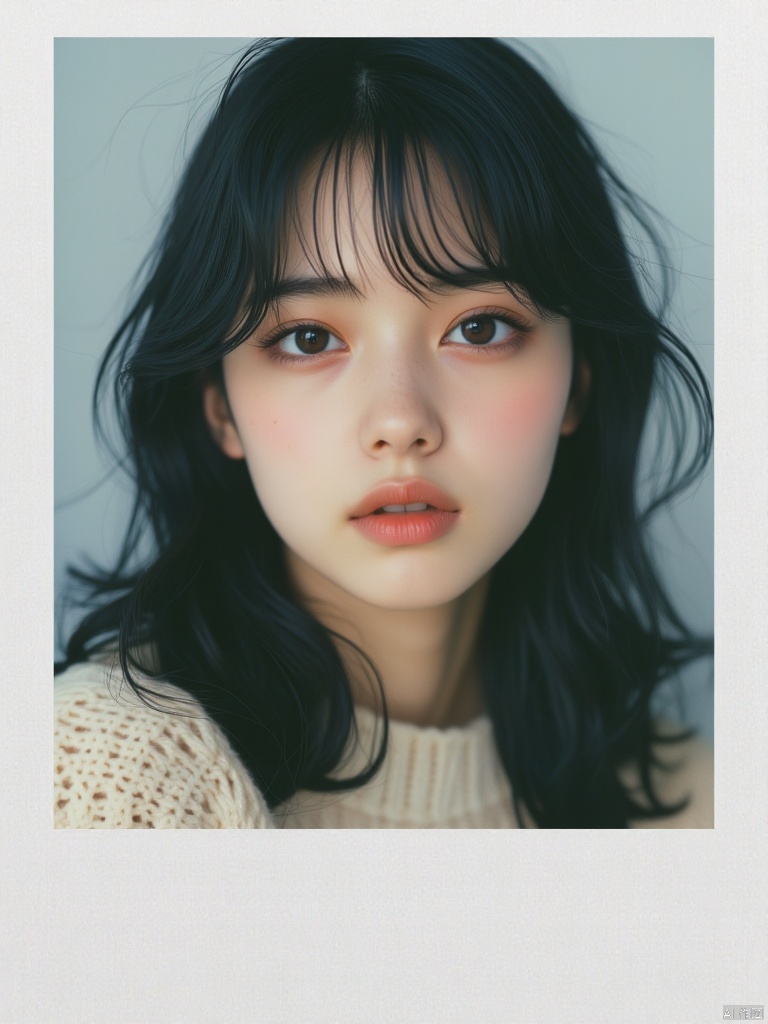 OBbllai, Polaroid photo, A close-up portrait of a young Asian girl with dark brown eyes and long black hair. Her eyes are a piercing blue and her lips are a lighter shade of pink. Her eyebrows are a darker shade of brown. Her hair is cascading down her shoulders. She is wearing a white sweater that is knitted at the bottom of her body. The backdrop is a light blue color.