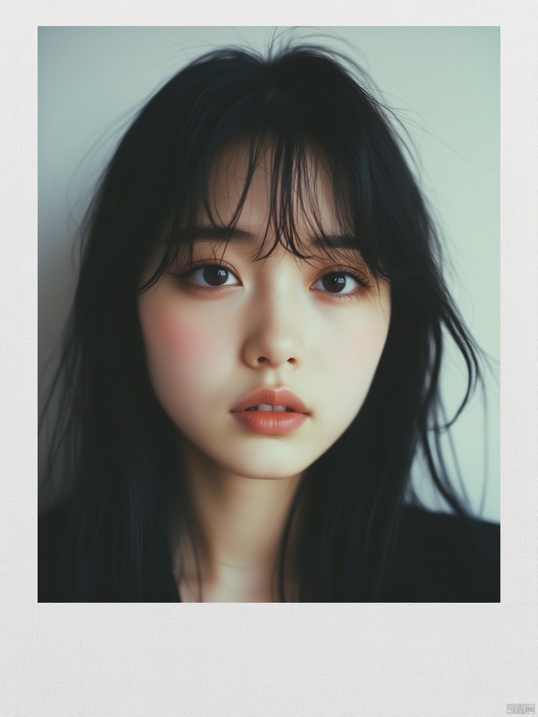 OBbllai, Polaroid photo, A close-up portrait of a young Asian girl with dark brown hair and dark brown eyes. Her eyes are a piercing blue and her eyebrows are a darker shade of brown. Her lips are a lighter shade of pink. Her hair is long and cascades over her shoulders. The backdrop is a stark white wall that is slightly blurred, creating a stark contrast to the girl's face.