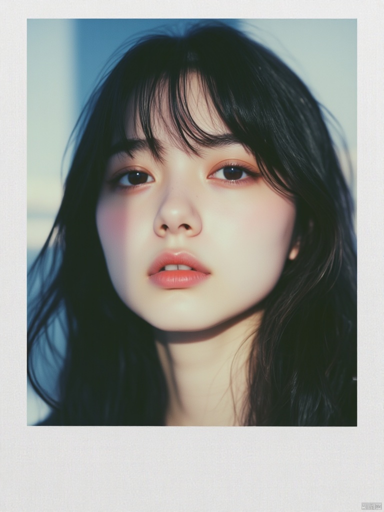 OBbllai, Polaroid photo, A close-up portrait of a young Asian girl with dark brown eyes and dark brown hair. The girl's face is white, her lips are a vibrant shade of pink. Her eyebrows are a darker shade of brown, and her hair cascades over her shoulders. The background is blurred, creating a soft focus on the girl. The backdrop is a light blue, adding a touch of color to the scene.