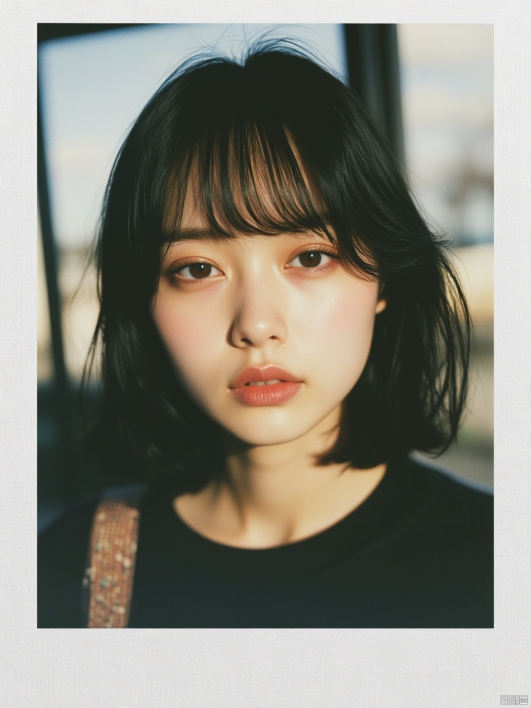 OBbllai, Polaroid photo, A close-up of a medium-sized Asian woman with dark brown eyes and dark brown hair. Her eyes are a piercing blue and her lips are a lighter shade of pink. She is wearing a black t-shirt with a brown and white checkered pattern on the left side of her shirt. The background is blurred, creating a soft focus on the woman's face.
