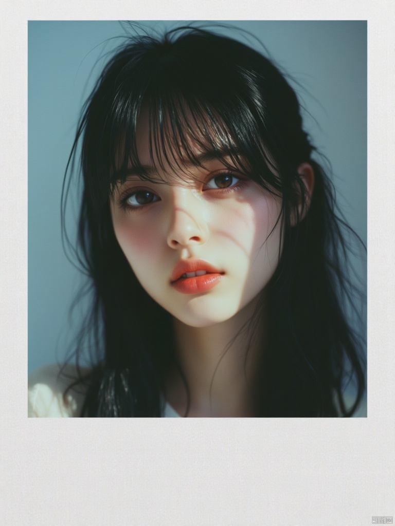OBbllai, Polaroid photo,  An eye-level shot of a young Asian woman with long dark brown hair and bangs. Her eyes are a piercing blue and her lips are a vibrant shade of red. Her hair is cascading down her shoulders, framing her face. She is wearing a white shirt, and her hair is pulled back in a ponytail. The backdrop is a light blue, and the lighting is subdued, creating a stark contrast to the woman's face.