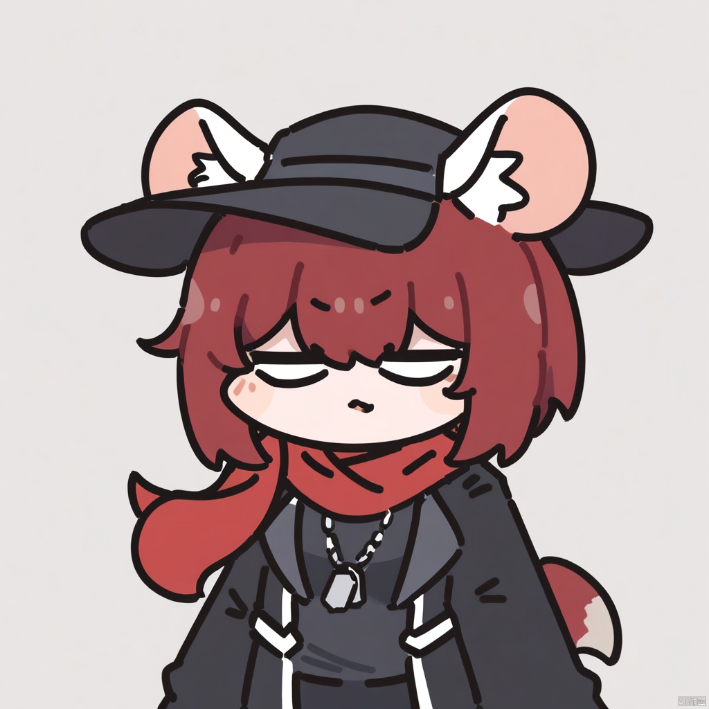 masterpiece,best quality,very aesthetic,absurdres, chibi, 
1girl,ratkin,show ears, solo,upper body,mouse girl,white mouse ears,mouse ear fluff,,, solo,red hair, black hat, hat feather, red scarf, black jacket, dog_tags, 
