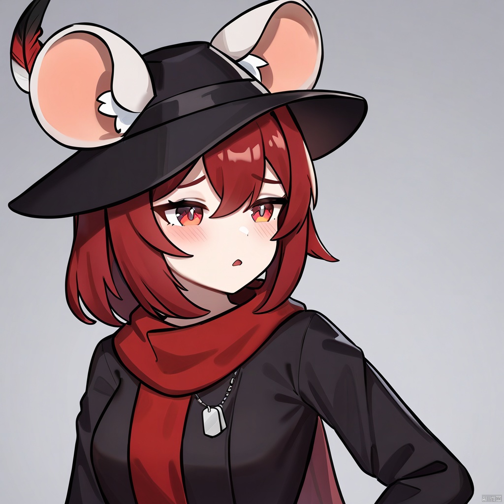masterpiece,best quality,very aesthetic,absurdres,
1girl,ratkin,show ears, solo,upper body,mouse girl,white mouse ears,mouse ear fluff,,, solo,red hair, black hat, hat feather, red scarf, black jacket, dog_tags, 
