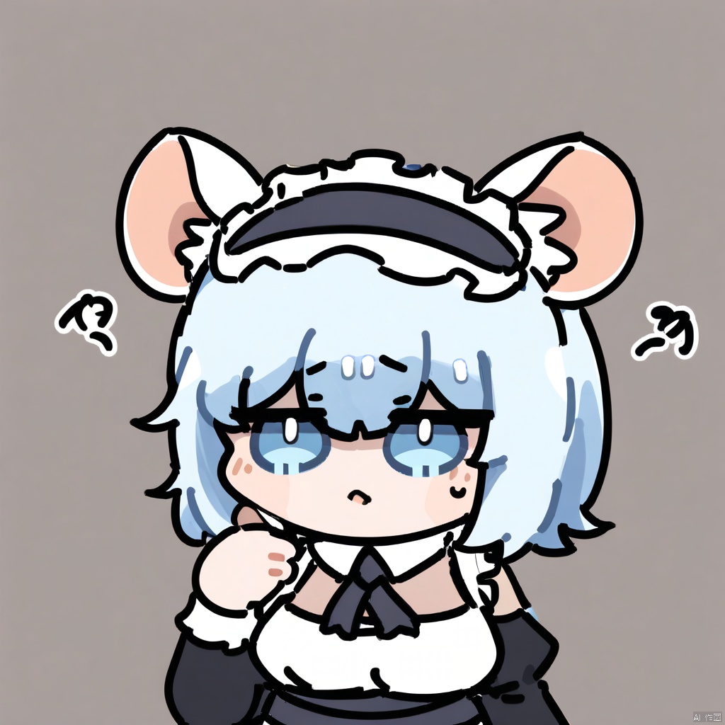masterpiece,best quality,very aesthetic,absurdres, chibi, 
1girl,ratkin,show ears, solo,upper body,mouse girl,white mouse ears,mouse ear fluff,,, ,,chibi, ,,solo,,,,maid,, ,light blue hair,,short hair,,, maid headdress, black headwear,,light blue eyes , 