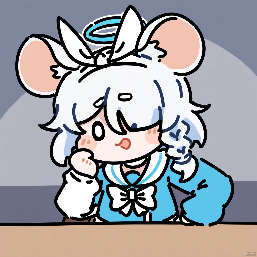 masterpiece,best quality,very aesthetic,absurdres, chibi, 
1girl,ratkin,show ears, solo,upper body,mouse girl,white mouse ears,mouse ear fluff,, ,,arona \(blue archive\),blue archive,