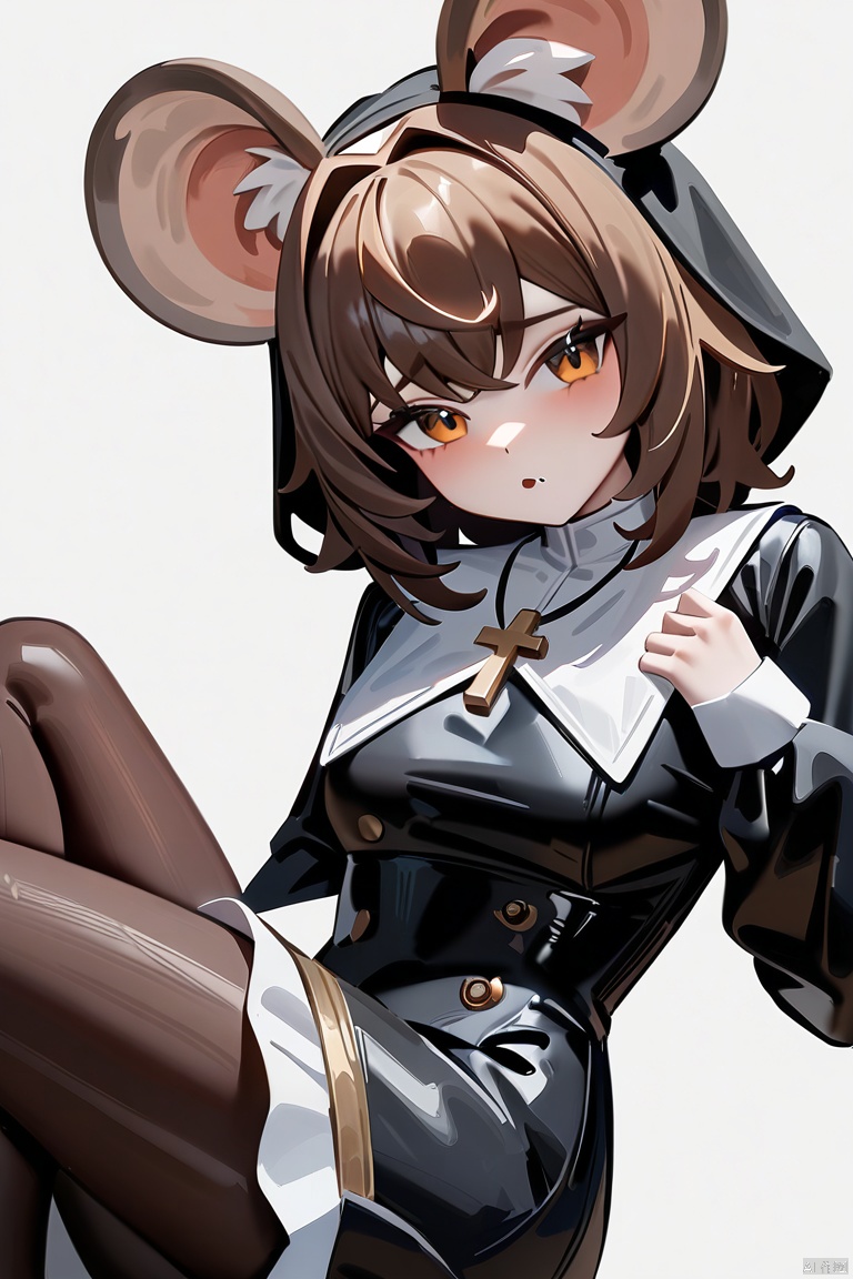 masterpiece,best quality,very aesthetic,absurdres,  impasto, oil painting, 
1girl,ratkin,show ears, solo,upper body,mouse girl,white mouse ears,mouse ear fluff,,,, nun,dress,long sleeves,black dress,brown pantyhose,black footwear,shoes,cross necklace,jewelry, simple background,white background, masterpiece,newest,best quality,very aesthetic,absurdres, ,
