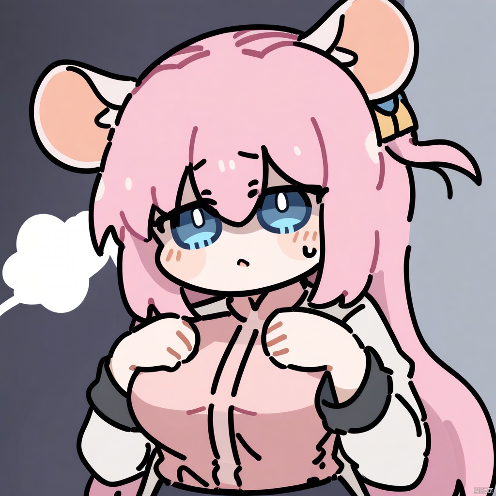 masterpiece,best quality,very aesthetic,absurdres, chibi, 
1girl,ratkin,show ears, solo,upper body,mouse girl,white mouse ears,mouse ear fluff,,,gotoh hitori,bocchi the rock!,pink hair,blue eyes,long hair,bangs,hair between eyes,cube hair ornament,hair ornament,one side up,breasts

