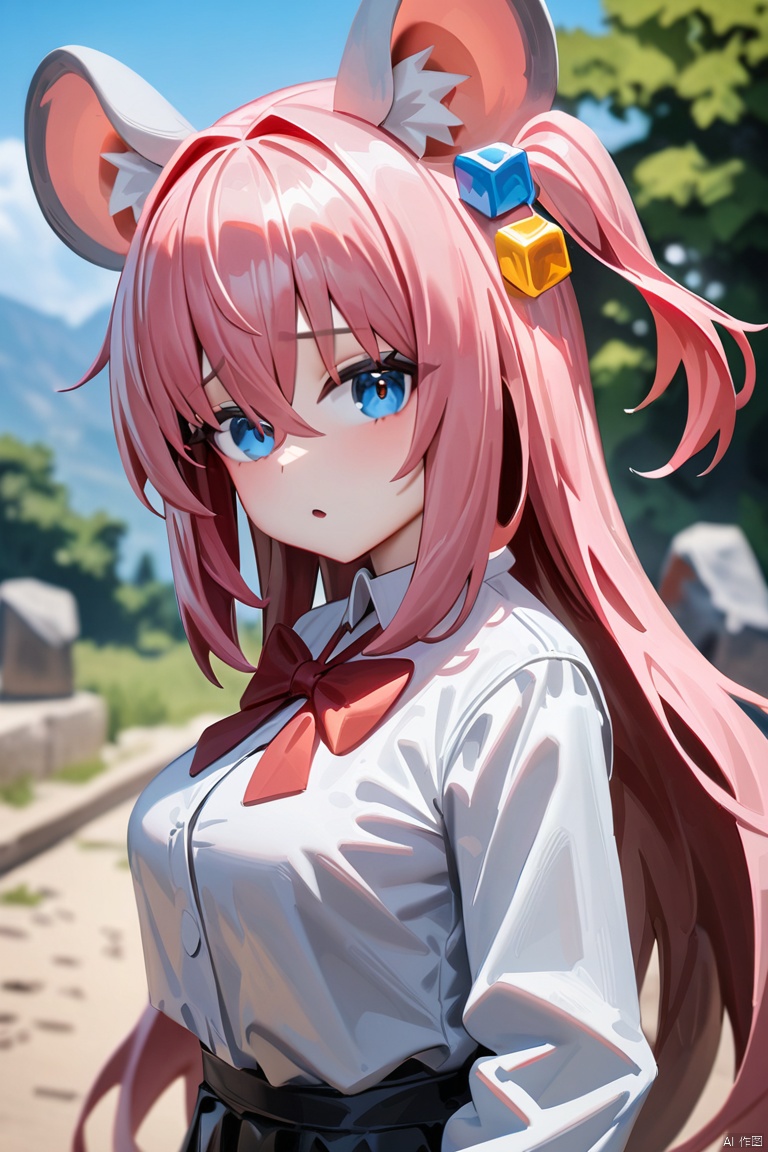 masterpiece,best quality,very aesthetic,absurdres,  impasto, oil painting, 
1girl,ratkin,show ears, solo,upper body,mouse girl,white mouse ears,mouse ear fluff,,,gotoh hitori,bocchi the rock!,pink hair,blue eyes,long hair,bangs,hair between eyes,cube hair ornament,hair ornament,one side up,breasts
