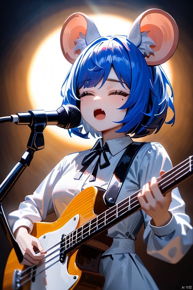 masterpiece,best quality,very aesthetic,absurdres, , 
1girl,ratkin,show ears, solo,upper body,mouse girl,white mouse ears,mouse ear fluff,,, virtual youtuber, solo, impasto, oil painting, best quality, upper body, holding instrument, open mouth, closed eyes, mole under eye, short hair, blue hair, bangs, white shirt, collared shirt, short over long sleeves, neck ribbon, black ribbon, playing instrument, singing, bass guitar, microphone stand, blurry, lens flare, sun, spotlight, full moon, electric guitar