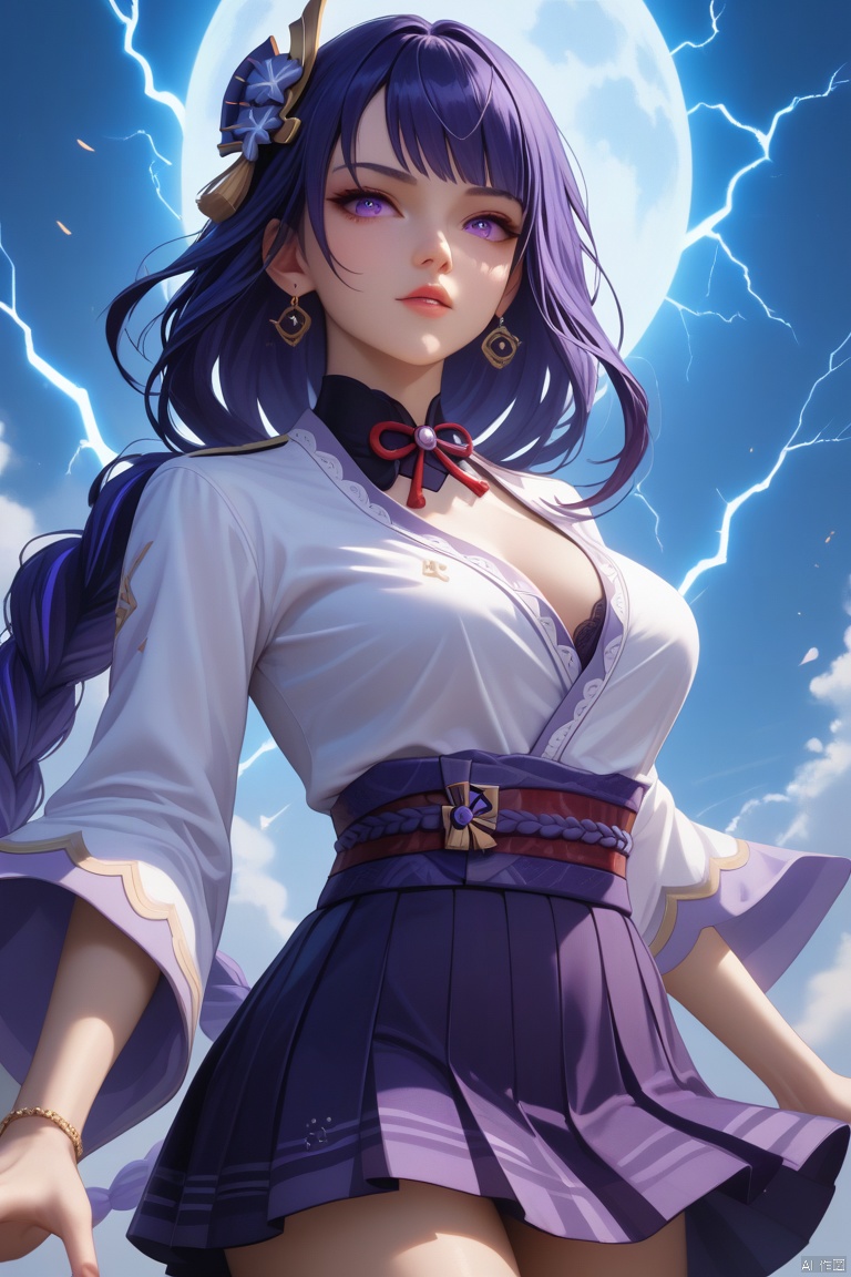 score_9,score_8_up,score_7_up,score_6_up,(masterpiece, best quality:1.2), raiden shogun_(genshin_impact),raiden shogun (genshin impact), 1girl,slim body,slim legs,large breasts,arm_tattoo,blue,cowboy_shot,earrings,energy,floating,foreshortening,glowing,holding lightning,lightning,jaguar_print,jewelry,female_focus,open_clothes,student uniform,pleated_skirt, white aura around body,aura,ultra-instinct, A shot with tension,(Visual impact,giving the poster a dynamic and visually striking appearance:1.2),impactful picture, offcial art,colorful,splash of color,movie perspective,advertising style,magazine cover,
