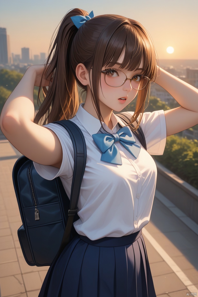 score_9,score_8_up,score_7_up,score_6_up,source_anime BREAK solo,best quality,highly detailed,ultra-high resolution,32K UHD,sharp focus,best-quality,masterpiece,Emotionalization,golden hour,unconventional supreme masterpiece,masterful details,temperate atmosphere,with a high-end texture,in the style of fashion photography,dynamic angle,dynamic posture, 1girl,solo,skirt,bag,brown hair,shirt,ponytail,school uniform,short sleeves,brown eyes,blue skirt,bow,white shirt,bowtie,long hair,pleated skirt,outdoors,bangs,backpack,blue bow,sunset,collared shirt,blush,sidelocks,parted lips,blue bowtie,cowboy shot,school bag,arm up,backlighting,glasses,
