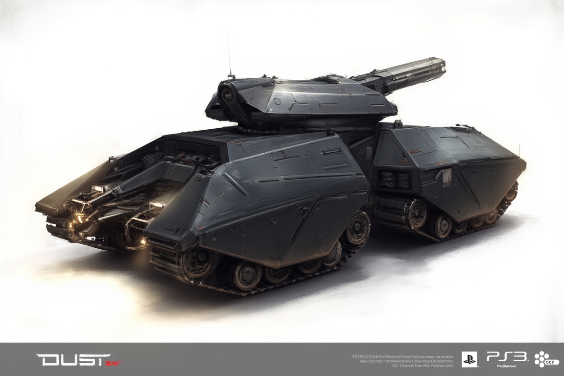  FuturisticWarrior style,, The image is a digital illustration of a futuristic caldari HAV. The caldari hav is black in color and has a sleek and angular design. It has a large gun mounted on the top of the caldari HAV, which is pointed towards the right side of the image. The gun has a long barrel and a pointed tip, and it appears to be pointing towards the left side of it. The caldari HAV has two large tracks on either side of its body, which are connected by a metal frame. The tracks appear to be made of metal and have a textured surface. The metal frame is covered in a pattern of small squares and rectangles, giving the caldari HAV a futuristic and futuristic look. The background is white, and there is a hint of light shining on the **** from the top left corner. The word "DUST" is written in bold letters at the bottom of the illustration.