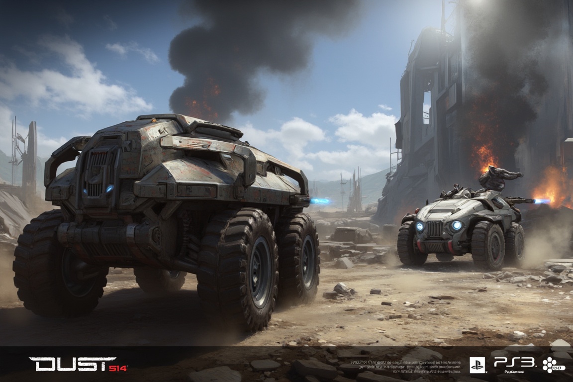 FuturisticWarrior style,, The image is a digital illustration of a futuristic (((minmatar HAV))) on the left, demolish building on the right. The word "DUST514" is written in bold white letters at the bottom of the illustration.