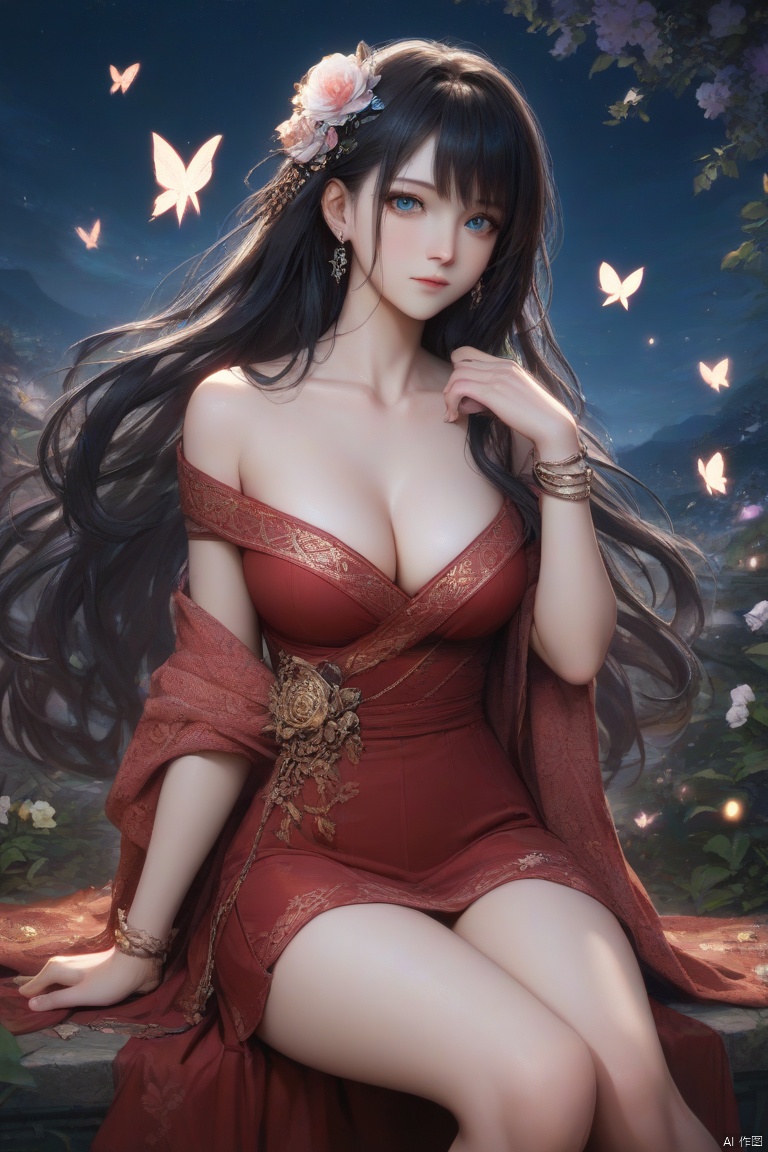 score_9,score_8_up,score_7_up, source anime,masterpiece,best quality,ultra detailed eyes BREAK 1girl,solo,flower,hair ornament,blue eyes,jewelry,breasts,sitting,long hair,butterfly,earrings,hair flower,looking at viewer,cleavage,dress,bracelet,medium breasts,red flower,collarbone,bare shoulders,bangs,black hair,hand up,closed mouth,off shoulder,skirt,gem,floating hair,red skirt,shawl,red dress,glint,feet out of frame,night,outdoors,