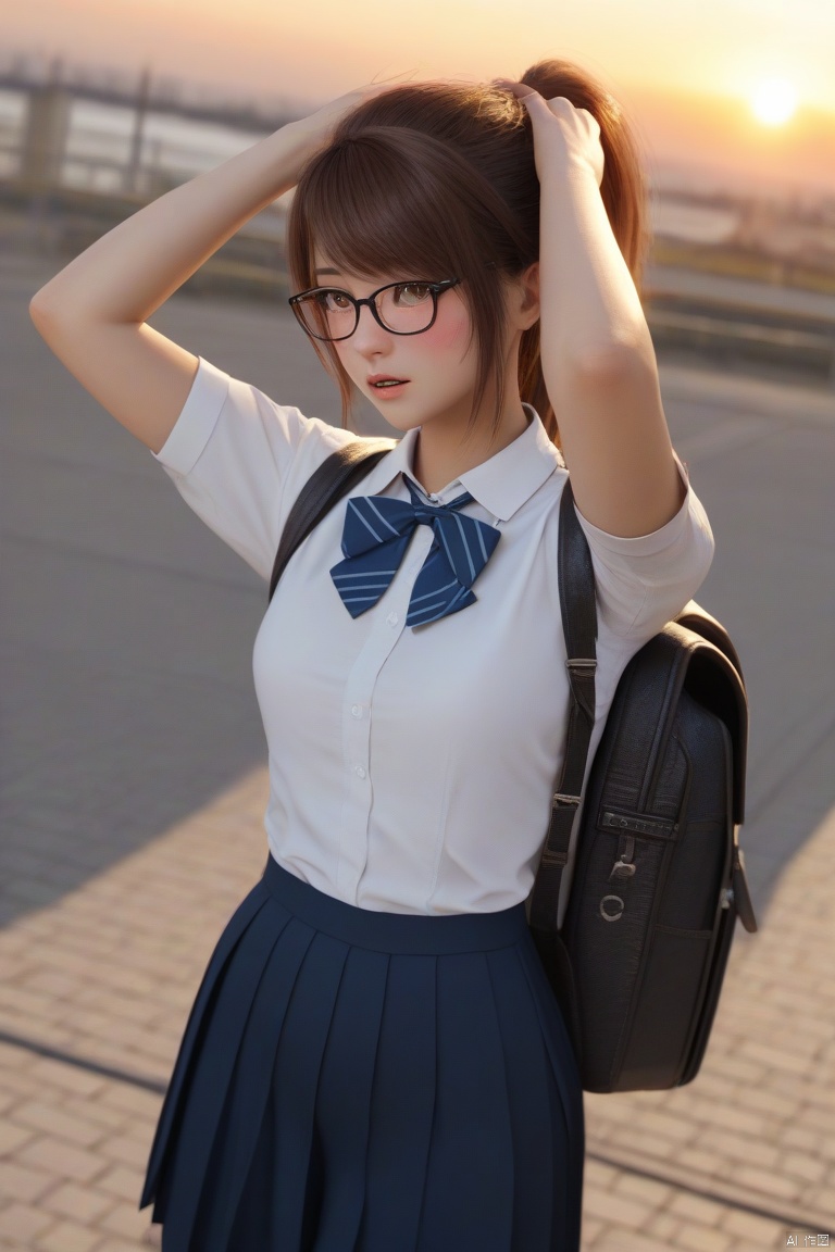 score_9,score_8_up,score_7_up,score_6_up,source_anime BREAK solo,best quality,highly detailed,ultra-high resolution,32K UHD,sharp focus,best-quality,masterpiece,Emotionalization,golden hour,unconventional supreme masterpiece,masterful details,temperate atmosphere,with a high-end texture,in the style of fashion photography,dynamic angle,dynamic posture, 1girl,solo,skirt,bag,brown hair,shirt,ponytail,school uniform,short sleeves,brown eyes,blue skirt,bow,white shirt,bowtie,long hair,pleated skirt,outdoors,bangs,backpack,blue bow,sunset,collared shirt,blush,sidelocks,parted lips,blue bowtie,cowboy shot,school bag,arm up,backlighting,glasses,
