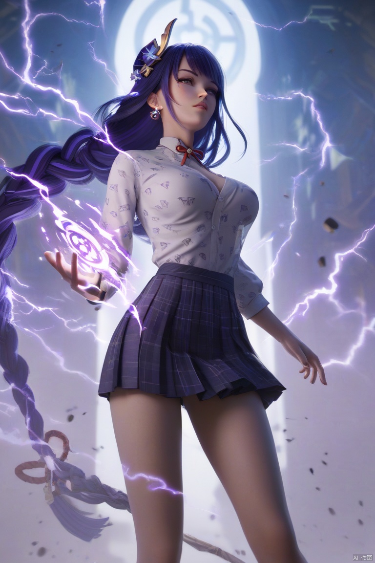 score_9,score_8_up,score_7_up,score_6_up,(masterpiece, best quality:1.2), raiden shogun_(genshin_impact),raiden shogun (genshin impact), 1girl,slim body,slim legs,large breasts,arm_tattoo,blue,cowboy_shot,earrings,energy,floating,foreshortening,glowing,holding lightning,lightning,jaguar_print,jewelry,female_focus,open_clothes,student uniform,pleated_skirt, white aura around body,aura,ultra-instinct, A shot with tension,(Visual impact,giving the poster a dynamic and visually striking appearance:1.2),impactful picture, offcial art,colorful,splash of color,movie perspective,advertising style,magazine cover,
