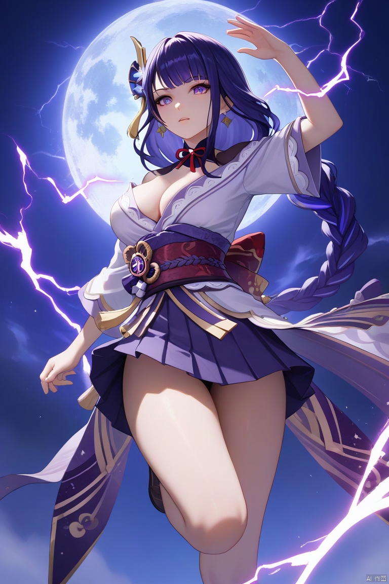 score_9,score_8_up,score_7_up,score_6_up,(masterpiece, best quality:1.2), raiden shogun_(genshin_impact),raiden shogun (genshin impact), 1girl,slim body,slim legs,large breasts,arm_tattoo,blue,cowboy_shot,earrings,energy,floating,foreshortening,glowing,holding lightning,lightning,jaguar_print,jewelry,female_focus,open_clothes,student uniform,pleated_skirt, white aura around body,aura,ultra-instinct, A shot with tension,(Visual impact,giving the poster a dynamic and visually striking appearance:1.2),impactful picture, offcial art,colorful,splash of color,movie perspective,advertising style,magazine cover,
