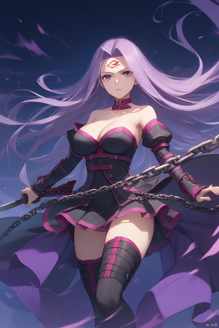 score_9,score_8_up,score_7_up,score_6_up,source_anime BREAK solo,best quality,highly detailed,ultra-high resolution,32K UHD,sharp focus,best-quality,masterpiece,Emotionalization,golden hour,unconventional supreme masterpiece,masterful details,temperate atmosphere,with a high-end texture,in the style of fashion photography,dynamic angle,dynamic posture, 1girl,long hair,medusa (fate),medusa (rider) (fate),breasts,solo,purple hair,very long hair,cleavage,chain,weapon,thighhighs,facial mark,purple eyes,large breasts,forehead mark,dress,strapless dress,strapless,open mouth,looking at viewer,detached sleeves,black thighhighs,holding,knife,collarbone,bare shoulders,black dress,holding weapon,short dress,floating hair,zettai ryouiki,
