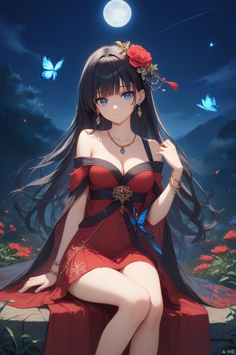 score_9,score_8_up,score_7_up, source anime,masterpiece,best quality,ultra detailed eyes BREAK 1girl,solo,flower,hair ornament,blue eyes,jewelry,breasts,sitting,long hair,butterfly,earrings,hair flower,looking at viewer,cleavage,dress,bracelet,medium breasts,red flower,collarbone,bare shoulders,bangs,black hair,hand up,closed mouth,off shoulder,skirt,gem,floating hair,red skirt,shawl,red dress,glint,feet out of frame,night,outdoors,
