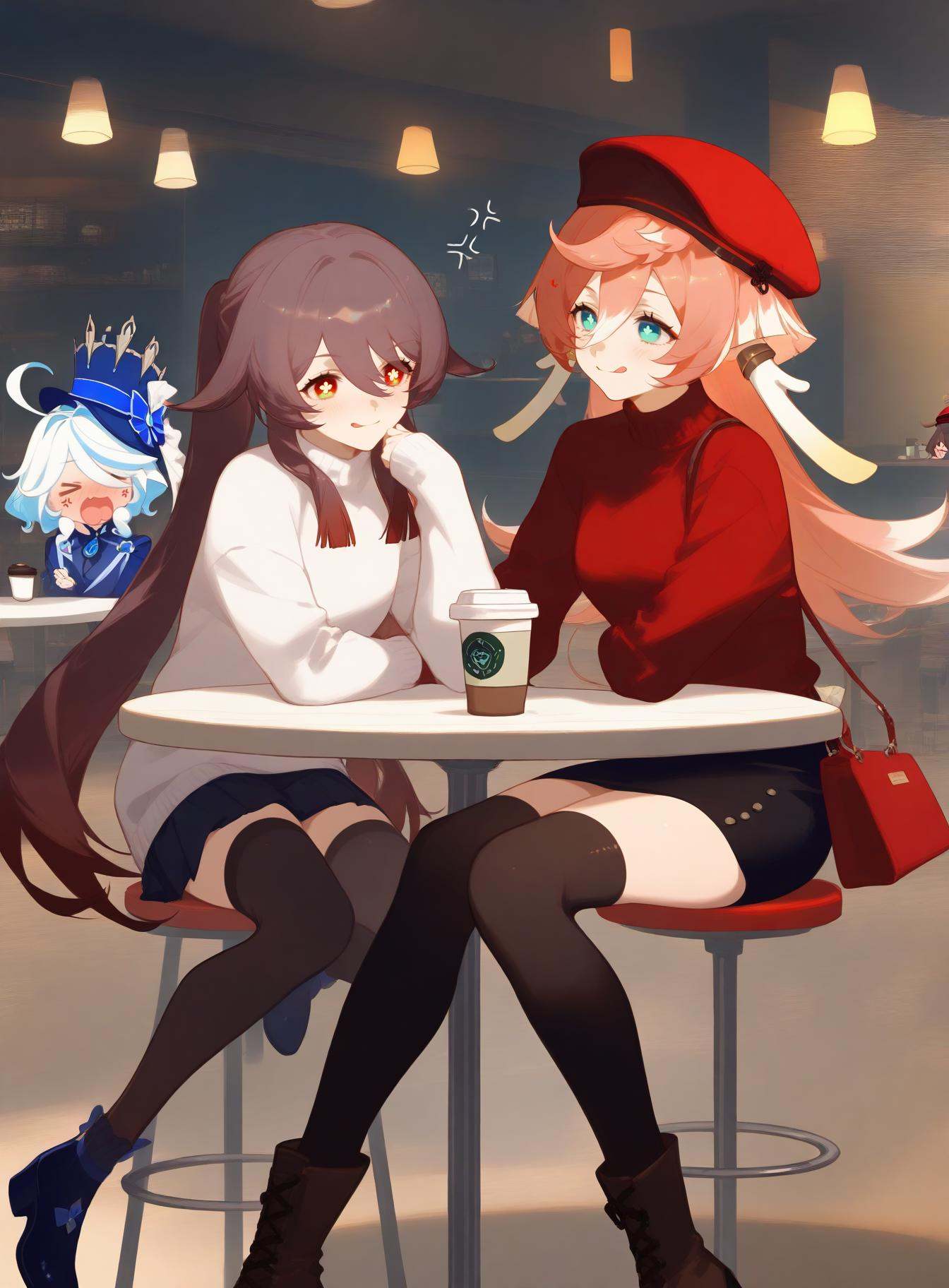 masterpiece,best quality,yanfei_\(genshin_impact\),multiple_girls,3girls,hu_tao_\(genshin_impact\),red_headwear,brown_hair,pink_hair,long_hair,closed_eyes,furina_\(genshin_impact\),cup,boots,bag,>_<,anger_vein,indoors,skirt,ahoge,alternate_costume,sitting,open_mouth,holding_cup,horns,smile,twintails,holding,handbag,cafe,table,long_sleeves,hat,blue_hair,green_eyes,disposable_cup,white_hair,blush,brown_footwear,tongue_out,antlers,tongue,thighhighs,multicolored_hair,stool,shirt,hair_between_eyes,black_skirt,sweater,contemporary,