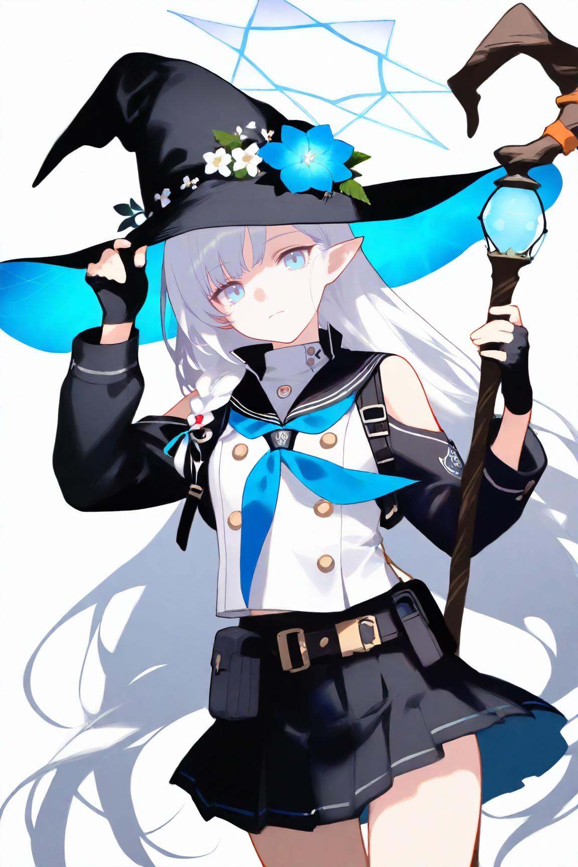 1girl,hat,witch hat,blue eyes,solo,gloves,long hair,neckerchief,black gloves,black headwear,looking at viewer,fingerless gloves,hand on headwear,halo,braid,sailor collar,pointy ears,white hair,very long hair,school uniform,skirt,hat flower,bangs,long sleeves,blue neckerchief,black skirt,simple background,pouch,cowboy shot,black sailor collar,jacket,closed mouth,white background,flower,adjusting headwear,holding,serafuku,belt,shoulder cutout,weapon,open clothes,staff,masterpiece,best quality,very aesthetic,absurdres,