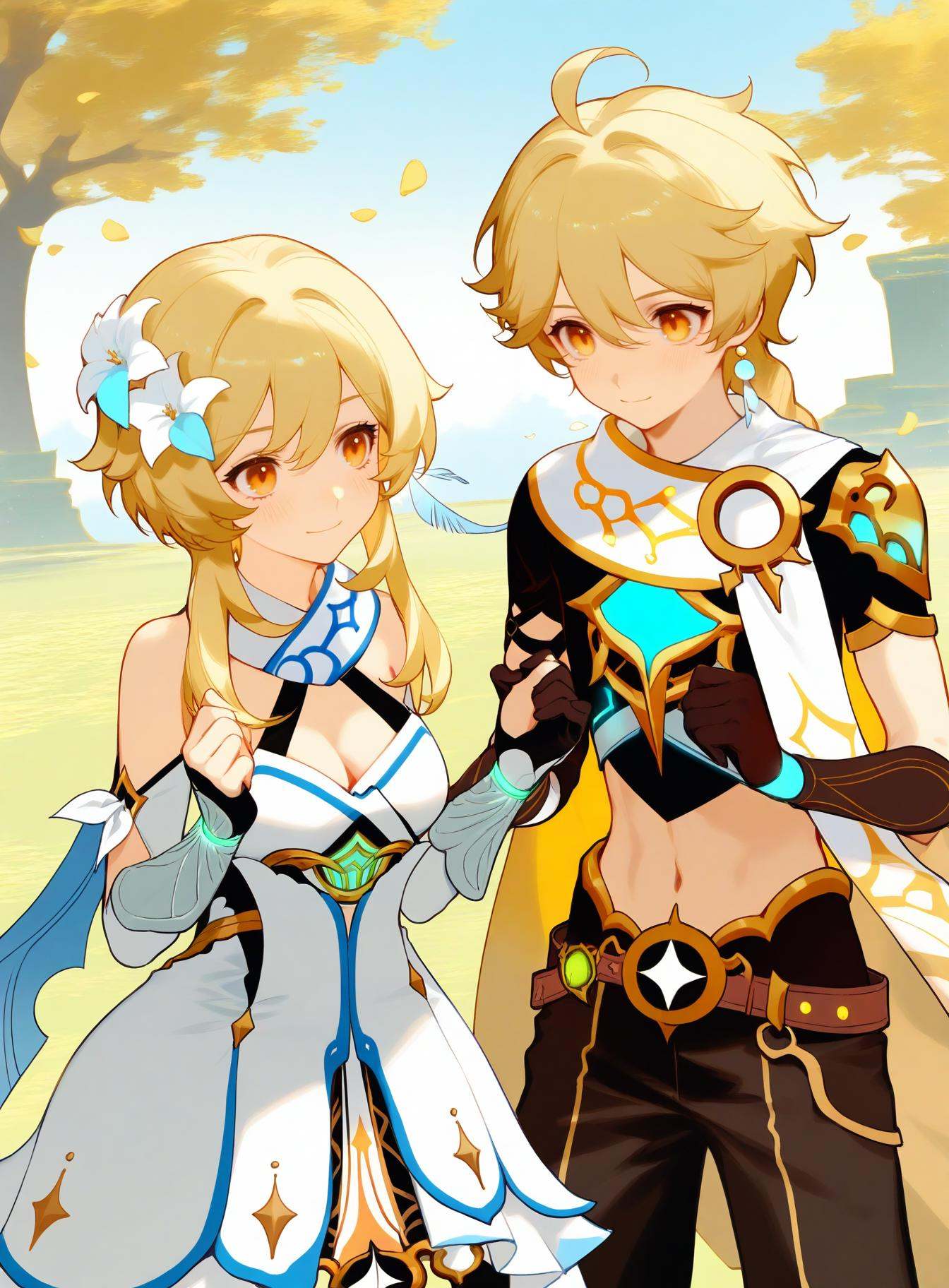masterpiece,best qualty,lumine_\(genshin_impact\),flower,blonde_hair,1boy,aether_\(genshin_impact\),1girl,breasts,hair_ornament,dress,brother_and_sister,hair_flower,white_dress,siblings,yellow_eyes,white_flower,braid,long_hair,cleavage,gloves,bare_shoulders,scarf,white_scarf,short_hair_with_long_locks,detached_sleeves,hair_between_eyes,smile,navel,black_gloves,hands_up,closed_mouth,pants,shirt,lily_\(flower\),short_sleeves,midriff,blush,feathers,ahoge,outdoors,medium_breasts,sidelocks,feather_hair_ornament,tree,boots,petals,braided_ponytail,crop_top,large_breasts,black_shirt,
