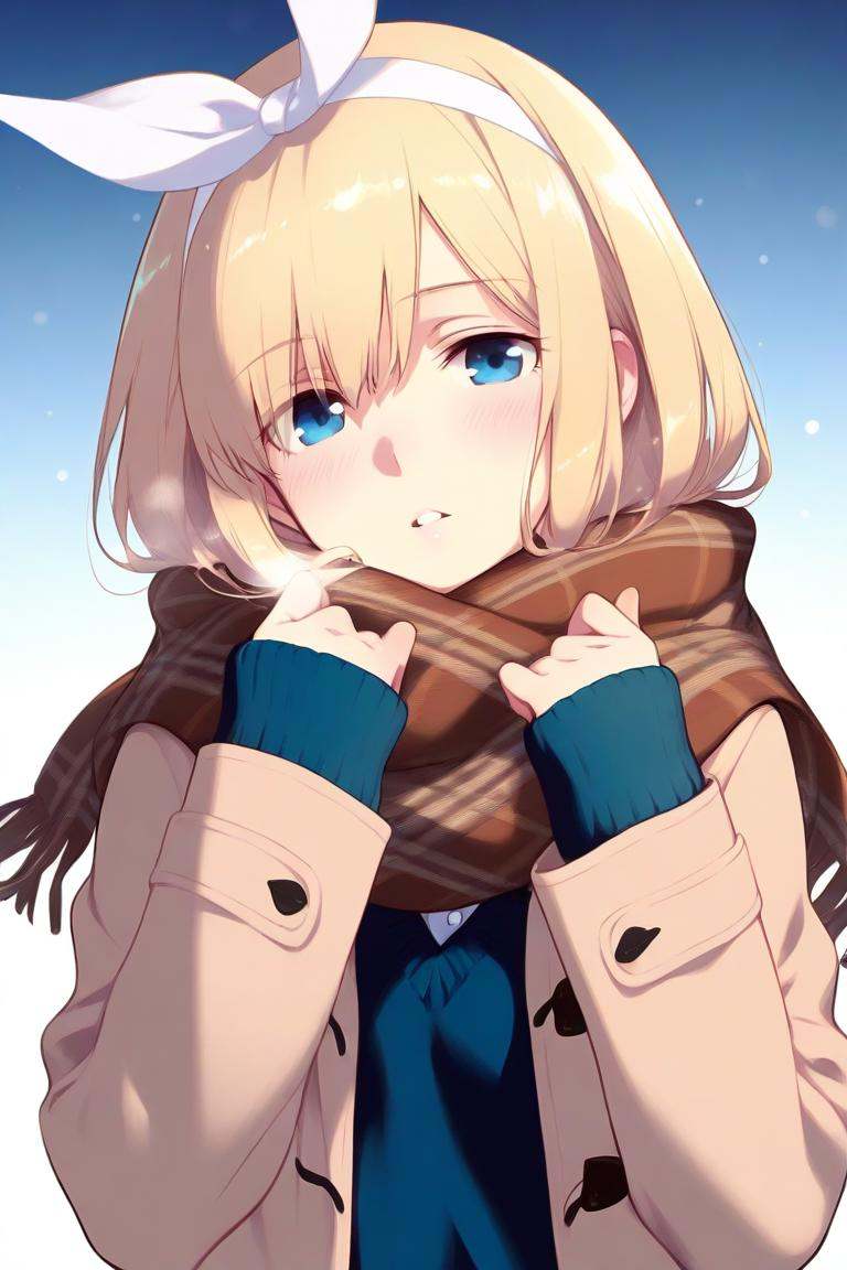 masterpiece,best quality,1girl,solo,blue_eyes,scarf,blonde_hair,sleeves_past_wrists,long_hair,looking_at_viewer,long_sleeves,upper_body,plaid_scarf,blush,plaid,brown_scarf,hairband,white_background,open_clothes,jacket,parted_lips,simple_background,brown_jacket,sweater,white_hairband,enpera,coat,ribbon,bow,hair_ribbon,breath,open_jacket,fringe_trim,hands_up,gradient_background,