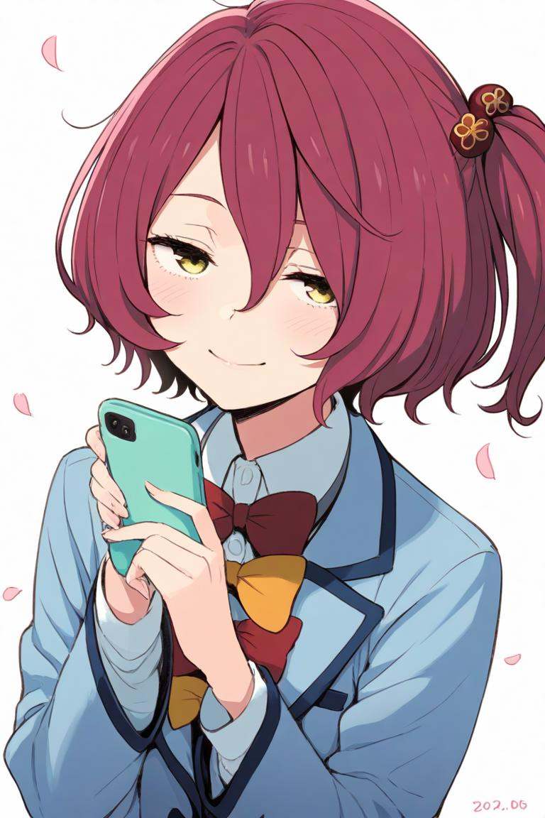 <lora:make_heroine_ga_oo_sugiru_style_ill-xl-v0.1-000013:1>,masterpiece,best quality,1girl, komari_chika, solo, phone, holding, jacket, looking_at_viewer, blush, bow, red_bow, school_uniform, shirt, cellphone, bowtie, white_background, long_sleeves, smile, holding_phone, white_shirt, blue_jacket, upper_body, red_bowtie, closed_mouth, petals, smartphone, blazer, collared_shirt, simple_background, half-closed_eyes, one_side_up, hair_ornament, character_name