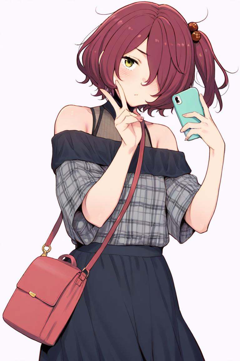 <lora:make_heroine_ga_oo_sugiru_style_ill-xl-v0.1-000013:1>,masterpiece,best quality,1girl, komari_chika, solo, shirt, skirt, bag, holding, white_background, simple_background, looking_at_viewer, phone, v, plaid, hair_ornament, black_skirt, cellphone, hair_bobbles, blush, holding_phone, shoulder_bag, smartphone, handbag, off_shoulder, hair_over_one_eye, bare_shoulders, plaid_shirt, closed_mouth, short_sleeves, black_shirt
