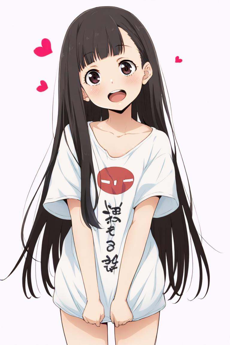 <lora:make_heroine_ga_oo_sugiru_style_ill-xl-v0.1-000013:1>,masterpiece,best quality,1girl, nukumizu_kaju, solo, shirt, white_background, simple_background, heart, smile, looking_at_viewer, open_mouth, white_shirt, blush, short_sleeves, oversized_clothes, collarbone, upper_teeth_only, t-shirt, teeth, cowboy_shot, :d, clothes_writing, head_tilt, standing