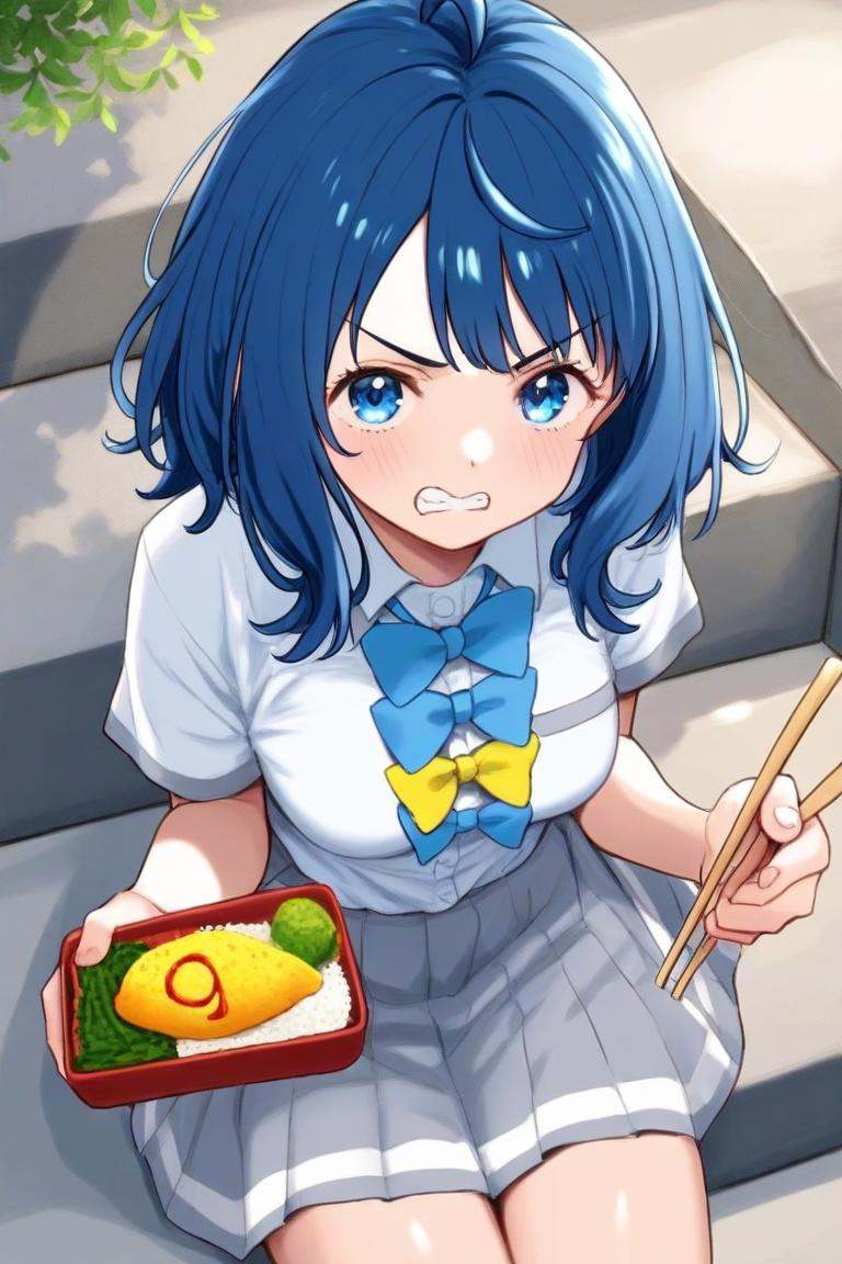 <lora:make_heroine_ga_oo_sugiru_style_ill-xl-v0.1-000013:1>,masterpiece,best quality,1girl,yanami_anna,bento,skirt,solo,shirt,chopsticks,bow,sitting,school_uniform,white_shirt,pleated_skirt,tamagoyaki,holding,looking_at_viewer,food_art,food,short_sleeves,collared_shirt,bowtie,omelet,yellow_bow,blue_bow,grey_skirt,breasts,holding_chopsticks,blush,blue_bowtie,stairs,dress_shirt,from_above,clenched_teeth,v-shaped_eyebrows,medium_breasts,outdoors,teeth,