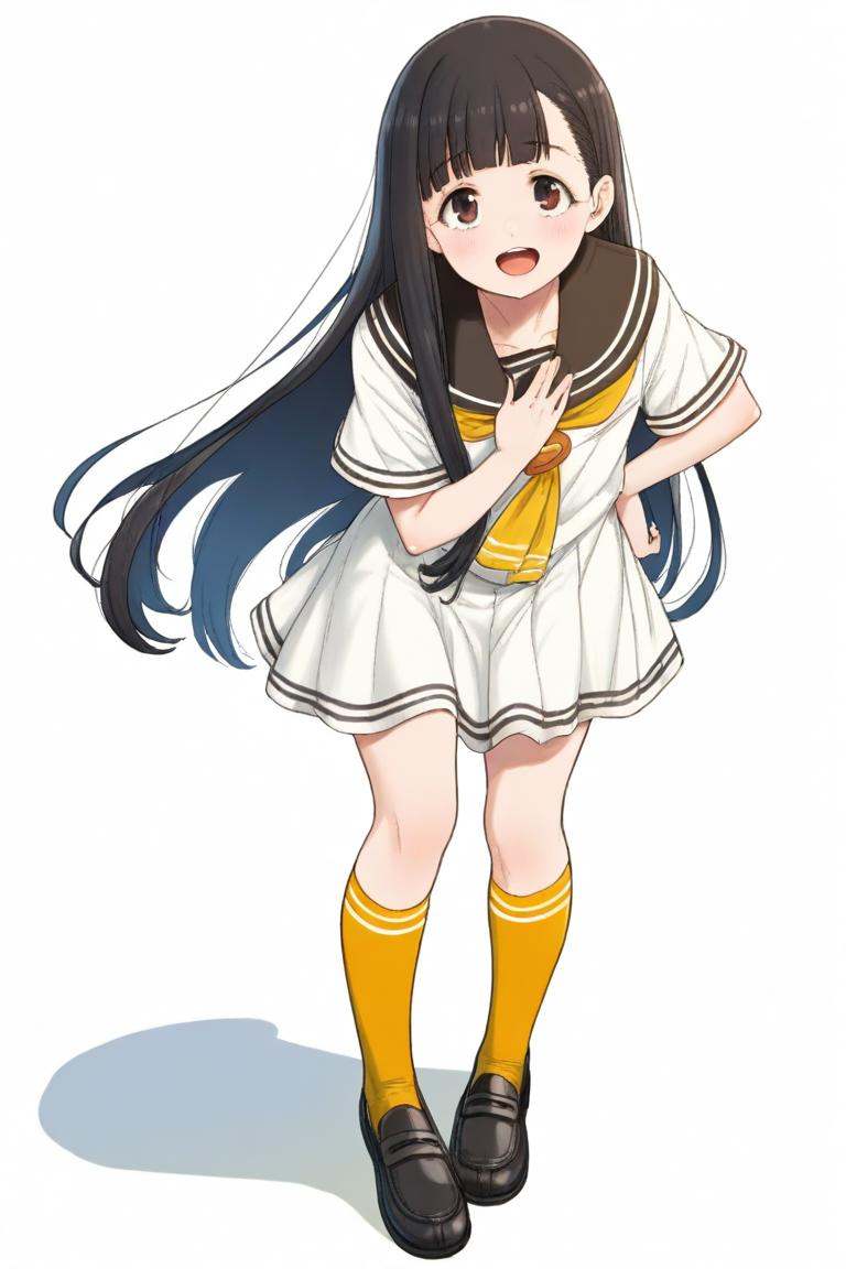 <lora:make_heroine_ga_oo_sugiru_style_ill-xl-v0.1-000013:1>,masterpiece,best quality,1girl, nukumizu_kaju, solo, school_uniform, white_background, smile, looking_at_viewer, open_mouth, socks, simple_background, sailor_collar, short_sleeves, shoes, yellow_socks, serafuku, skirt, white_skirt, neckerchief, :d, full_body, loafers, standing, white_dress, black_footwear, shadow, white_serafuku, dress, black_sailor_collar, orange_socks, hand_on_own_chest, blush