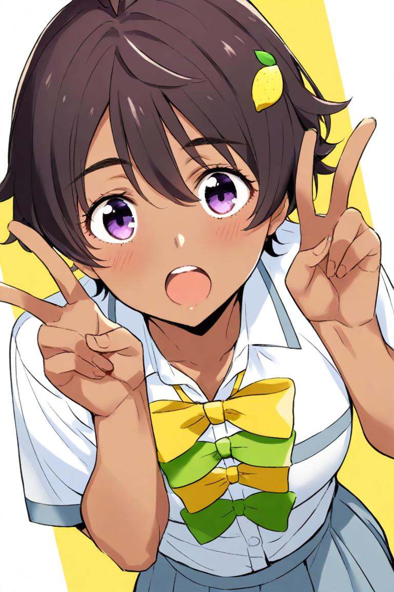 <lora:make_heroine_ga_oo_sugiru_style_ill-xl-v0.1-000013:1>,masterpiece,best quality,1girl, yakishio_lemon, solo, v, dark_skin, bow, dark-skinned_female, double_v, shirt, food-themed_hair_ornament, yellow_background, hair_ornament, looking_at_viewer, yellow_bow, white_shirt, school_uniform, open_mouth, bowtie, short_sleeves, upper_body, green_bow, blush, collared_shirt, two-tone_background, teeth, upper_teeth_only, pocket, skirt