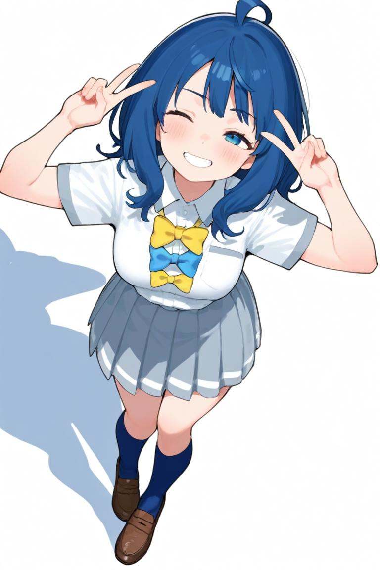 <lora:make_heroine_ga_oo_sugiru_style_ill-xl-v0.1-000013:1>,masterpiece,best quality,1girl, yanami_anna, solo, v, skirt, one_eye_closed, socks, smile, double_v, pleated_skirt, shirt, shoes, loafers, school_uniform, bow, brown_footwear, virtual_youtuber, white_background, white_shirt, looking_at_viewer, short_sleeves, shadow, bowtie, grey_skirt, blue_socks, standing_on_one_leg, simple_background, standing, full_body, blue_bow, grin, blush, collared_shirt, blue_bowtie, yellow_bow, kneehighs, hands_up