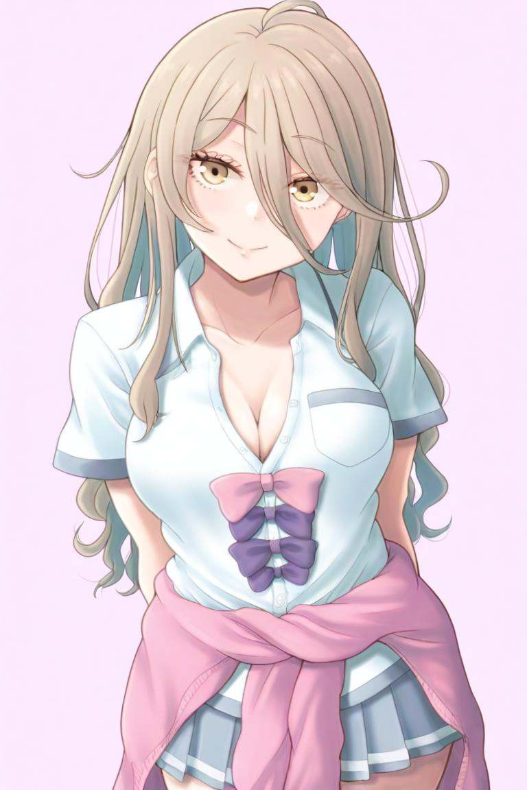 <lora:make_heroine_ga_oo_sugiru_style_ill-xl-v0.1-000013:1>,masterpiece,best quality,1girl, shikiya_yumeko, solo, skirt, breasts, shirt, clothes_around_waist, iruma_miu, bow, smile, cleavage, pleated_skirt, white_shirt, sweater_around_waist, large_breasts, looking_at_viewer, simple_background, bowtie, collared_shirt, collarbone, cowboy_shot, school_uniform, short_sleeves, sweater, miniskirt, dress_shirt, closed_mouth