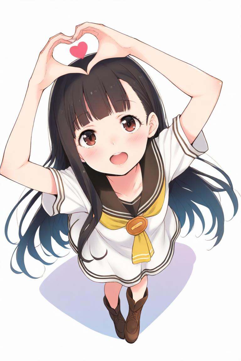 <lora:make_heroine_ga_oo_sugiru_style_ill-xl-v0.1-000013:1>,masterpiece,best quality,1girl, nukumizu_kaju, heart, solo, heart_hands, , dress, smile, open_mouth, short_sleeves, looking_at_viewer, white_dress, sailor_collar, blush, sailor_dress, yellow_neckerchief, white_background, neckerchief, :d, school_uniform, brown_footwear, black_sailor_collar, standing_on_one_leg