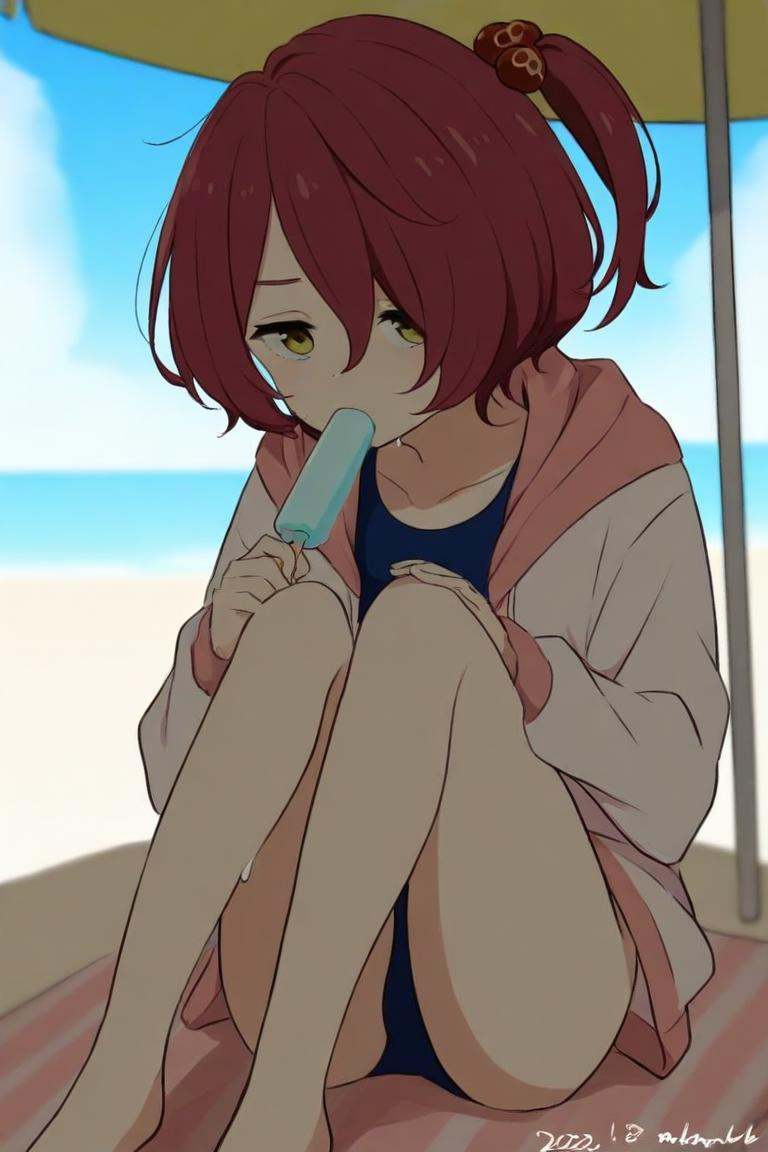 <lora:make_heroine_ga_oo_sugiru_style_ill-xl-v0.1-000013:1>,masterpiece,best quality,1girl, komari_chika, swimsuit, food, solo, one-piece_swimsuit, popsicle, sitting, school_swimsuit, hood, umbrella, blue_one-piece_swimsuit, outdoors, jacket, blurry, beach, sky, hair_ornament, day, barefoot, hair_bobbles, hoodie, beach_umbrella, hooded_jacket, blue_sky, white_jacket, depth_of_field, dated, side_, holding_food, holding, collarbone, shade, hood_down, eating