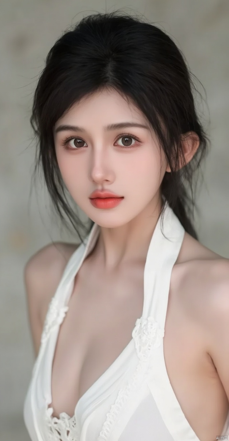 a close-up shot of a young Asian woman with dark brown hair and brown eyes. She is wearing a white sleeveless blouse with...