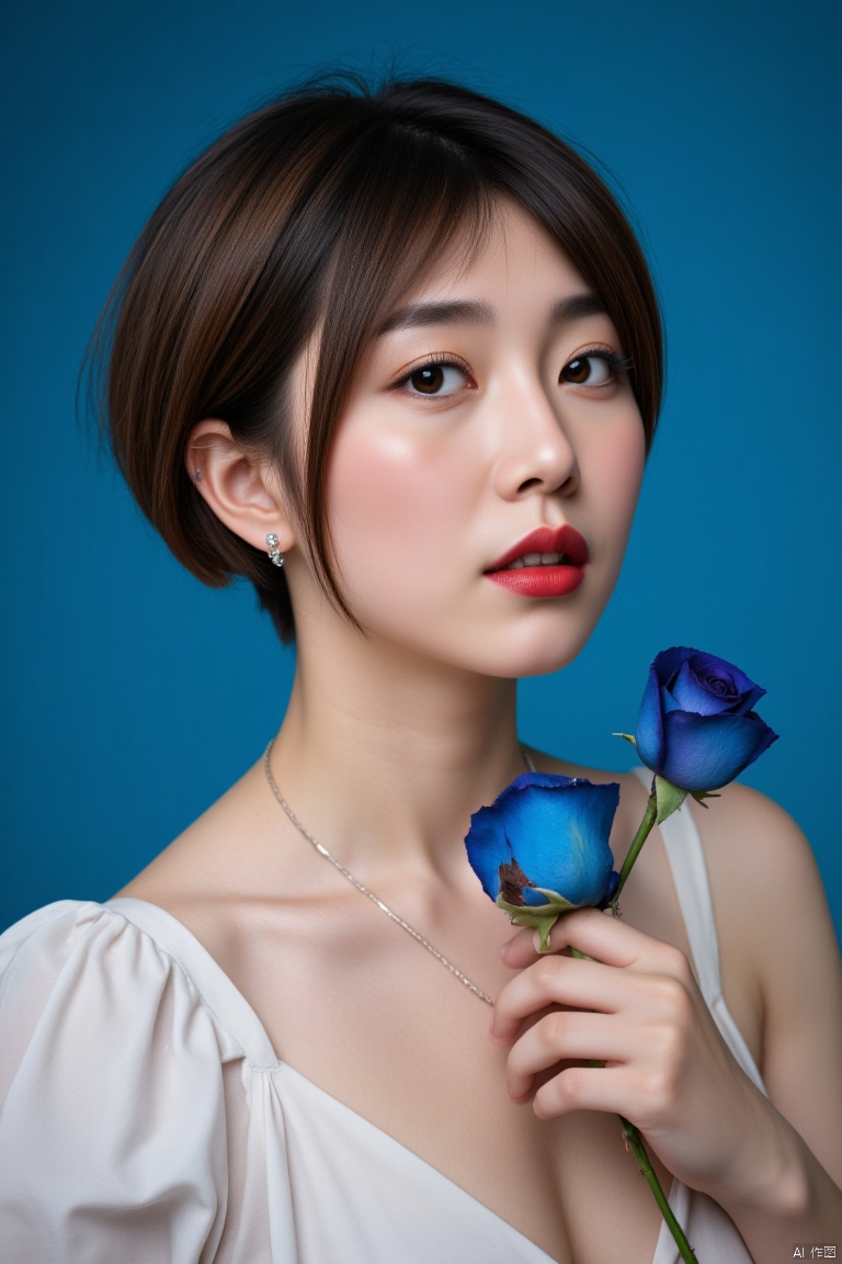 luoxue,snow,Masterpieces, master photography works,1girl, solo, short hair, simple background, brown hair, black hair, holding, jewelry, collarbone, closed eyes, flower, earrings, parted lips, choker, artist name, necklace, lips, eyelashes, makeup, rose, watermark, blue background, lipstick, portrait, facing viewer, web address, blue flower, blue theme, holding flower, red lips, blue rose,Artistic signature,Edge lighting,