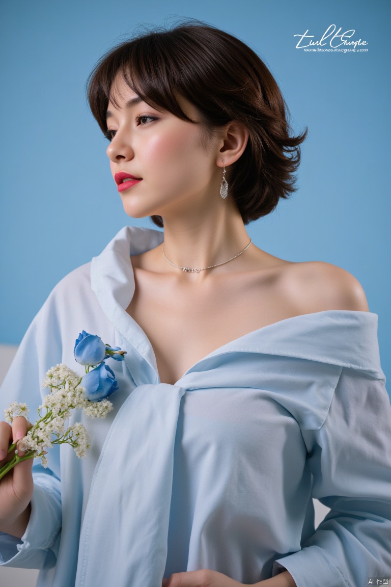 luoxue,snow,Masterpieces, master photography works,1girl, solo, short hair, simple background, brown hair, black hair, holding, jewelry, collarbone, closed eyes, flower, earrings, parted lips, choker, artist name, necklace, lips, eyelashes, makeup, rose, watermark, blue background, lipstick, portrait, facing viewer, web address, blue flower, blue theme, holding flower, red lips, blue rose,Artistic signature,Edge lighting,