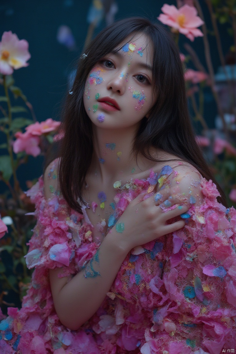 none,1girl,upper body,solo,melancholic,melancholy,nostalgic,a sense of solitude,petals,Surrealistic imagery,dreamlike atmosphere,vibrant and contrasting colors,intricate and detailed elements,,COLORFUL CHAOS CRACKS AND DROPS,RAINBOW GLOW.