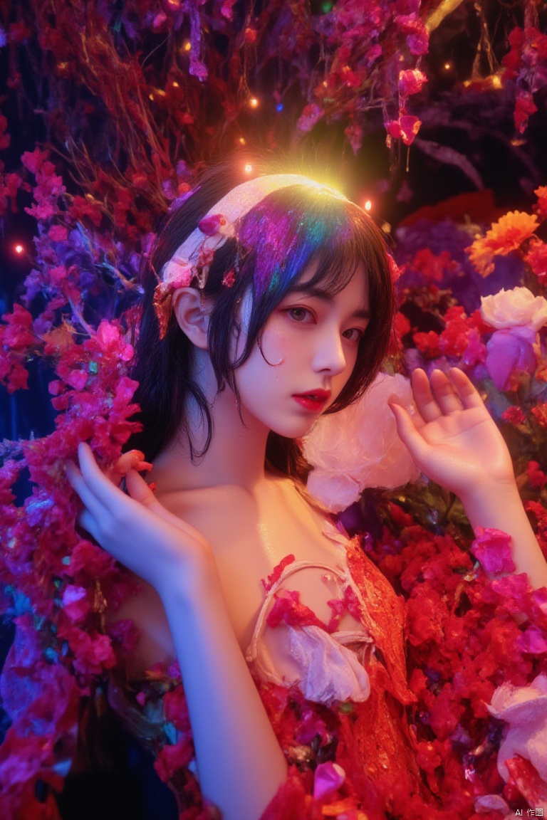 none,1girl,upper body,solo,melancholic,melancholy,nostalgic,a sense of solitude,petals,Surrealistic imagery,dreamlike atmosphere,vibrant and contrasting colors,intricate and detailed elements,,COLORFUL CHAOS CRACKS AND DROPS,RAINBOW GLOW.