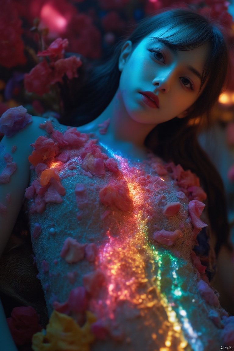 none,1girl,upper body,solo,melancholic,melancholy,nostalgic,a sense of solitude,petals,Surrealistic imagery,dreamlike atmosphere,vibrant and contrasting colors,intricate and detailed elements,,COLORFUL CHAOS CRACKS AND DROPS,RAINBOW GLOW.