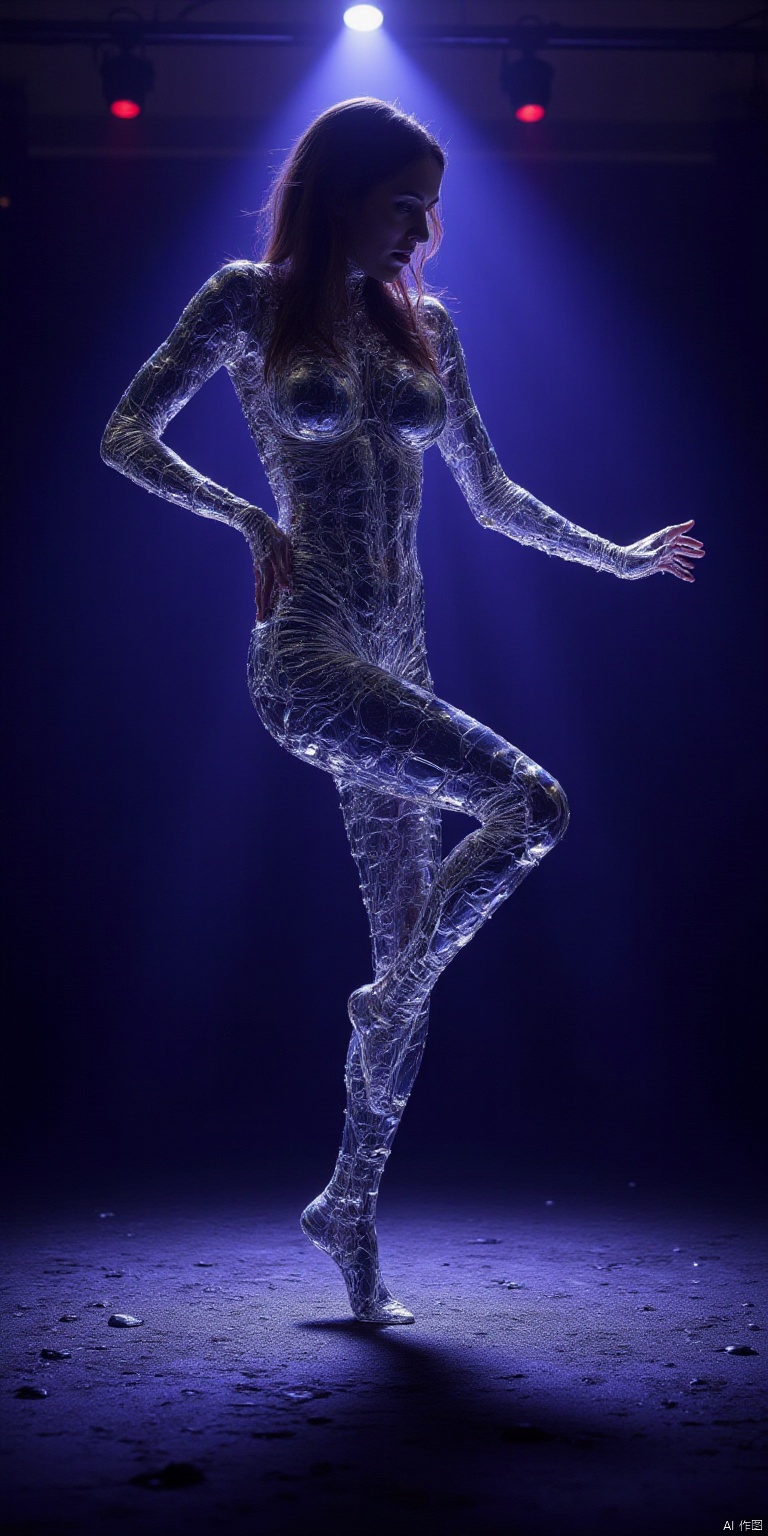 BusyShiny style dancing woman made from water. She dances on a dark disco dancefloor with strobe lights.,TRANSPARENT  MADE OUT OF CK-WTR 