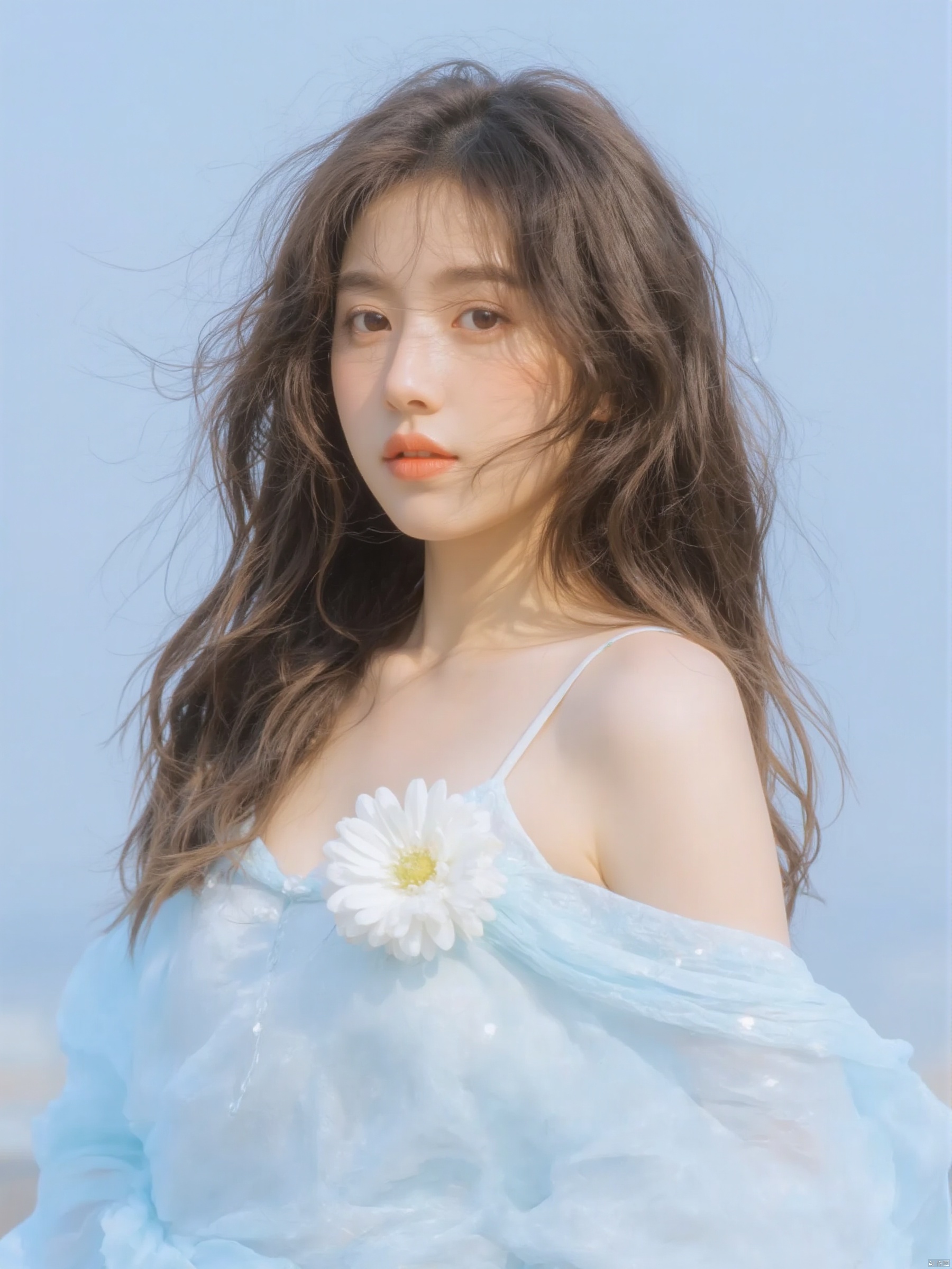 a medium-sized Asian woman with long brown hair, wearing a light blue sleeveless dress adorned with a white flower on the left side of her dress.The backdrop is a soft blue sky, creating a stark contrast to the woman's outfit.