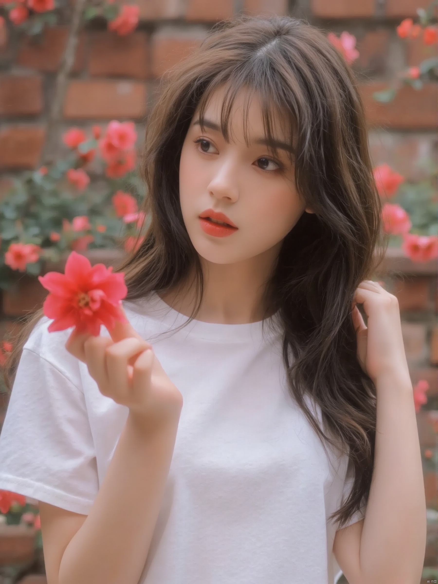 a woman with long dark brown hair, wearing a white t-shirt, is holding a vibrant red flower in her left hand. The woman's left eye is slightly open, as if she is looking down at the red flower. In the background, a brick wall can be seen. A tree with red flowers is seen behind the woman, adding a pop of color to the scene.