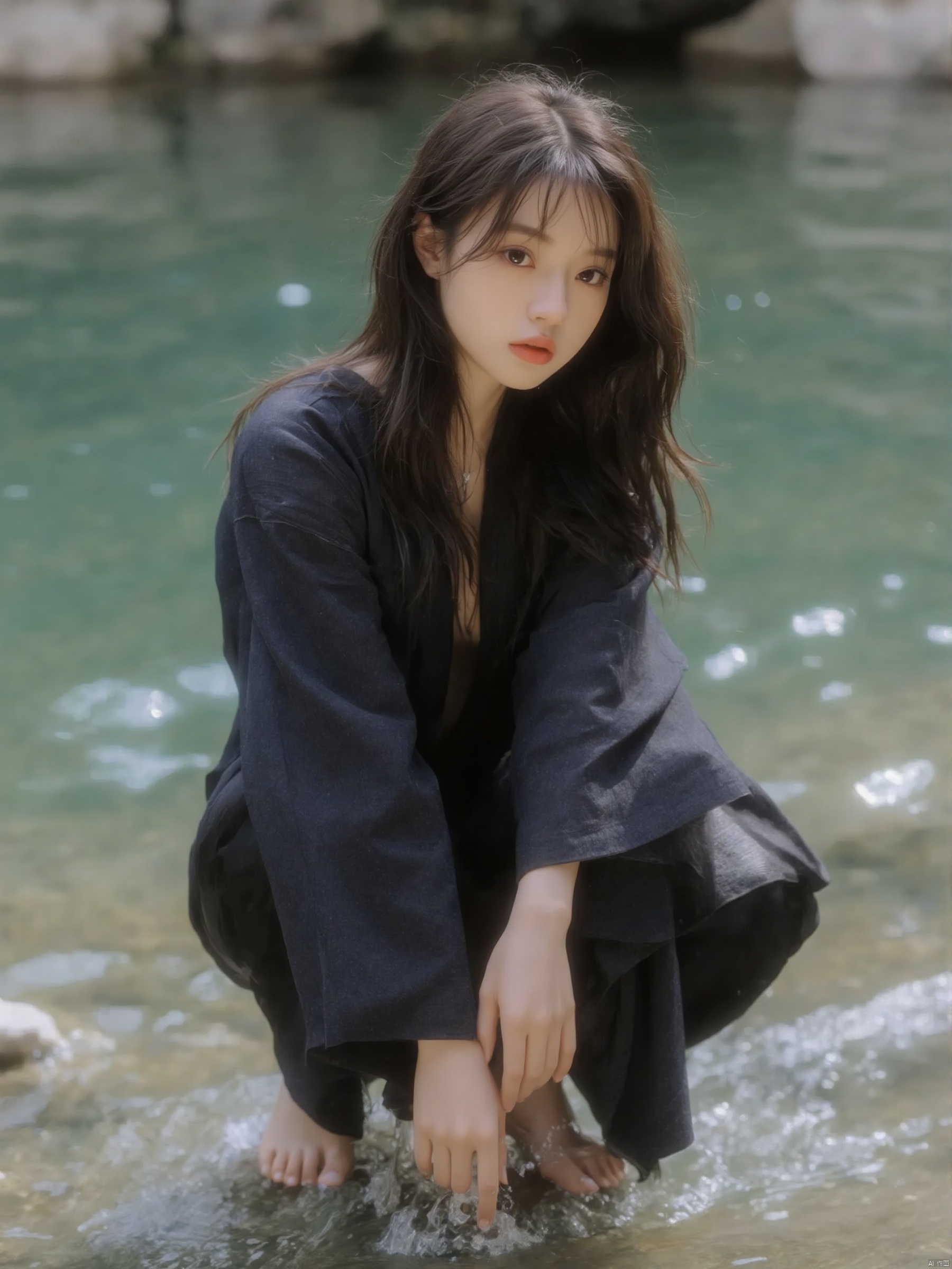 A young Asian woman with dark brown long hair, dressed in a black kimono, crouched on a rock in front of a body of water. The water is green, with white bubbles floating in it. In the background, a rock wall can be seen.